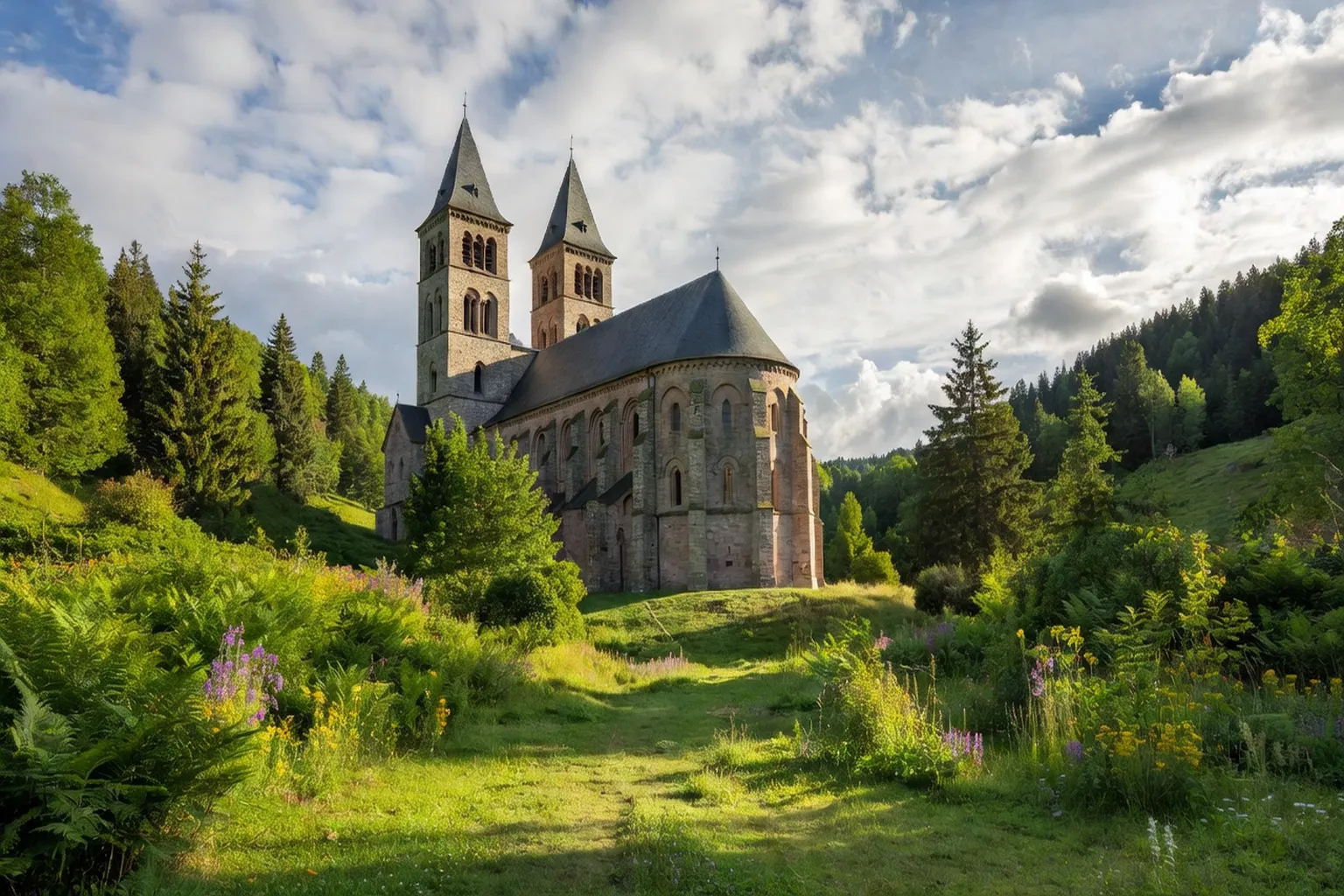 Vue extérieure de l'abbatiale de Murbach dans son cadre vosgien