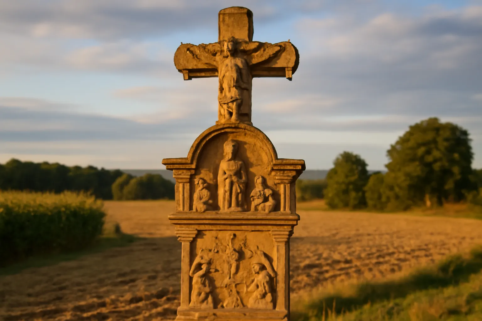 Croix de chemin en grès sculpté au bord d’un chemin viticole alsacien