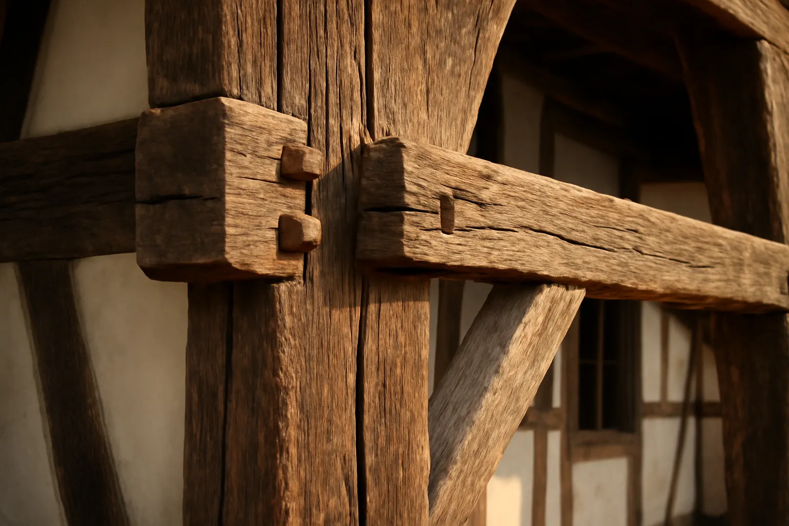 Détail d’une ossature en bois entourant un hourdage ancien sur une façade alsacienne