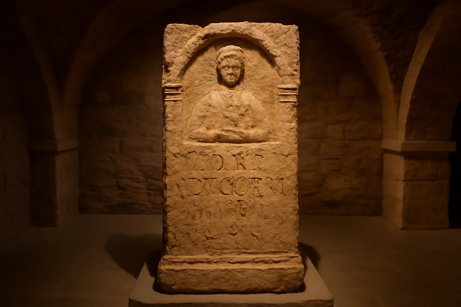 Stèle funéraire gallo-romaine exposée dans les caves voûtées du musée de Saverne