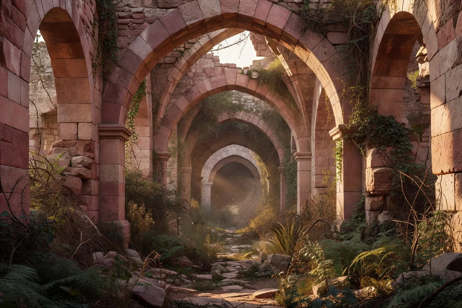 Intérieur d'un château fort médiéval en grès rose