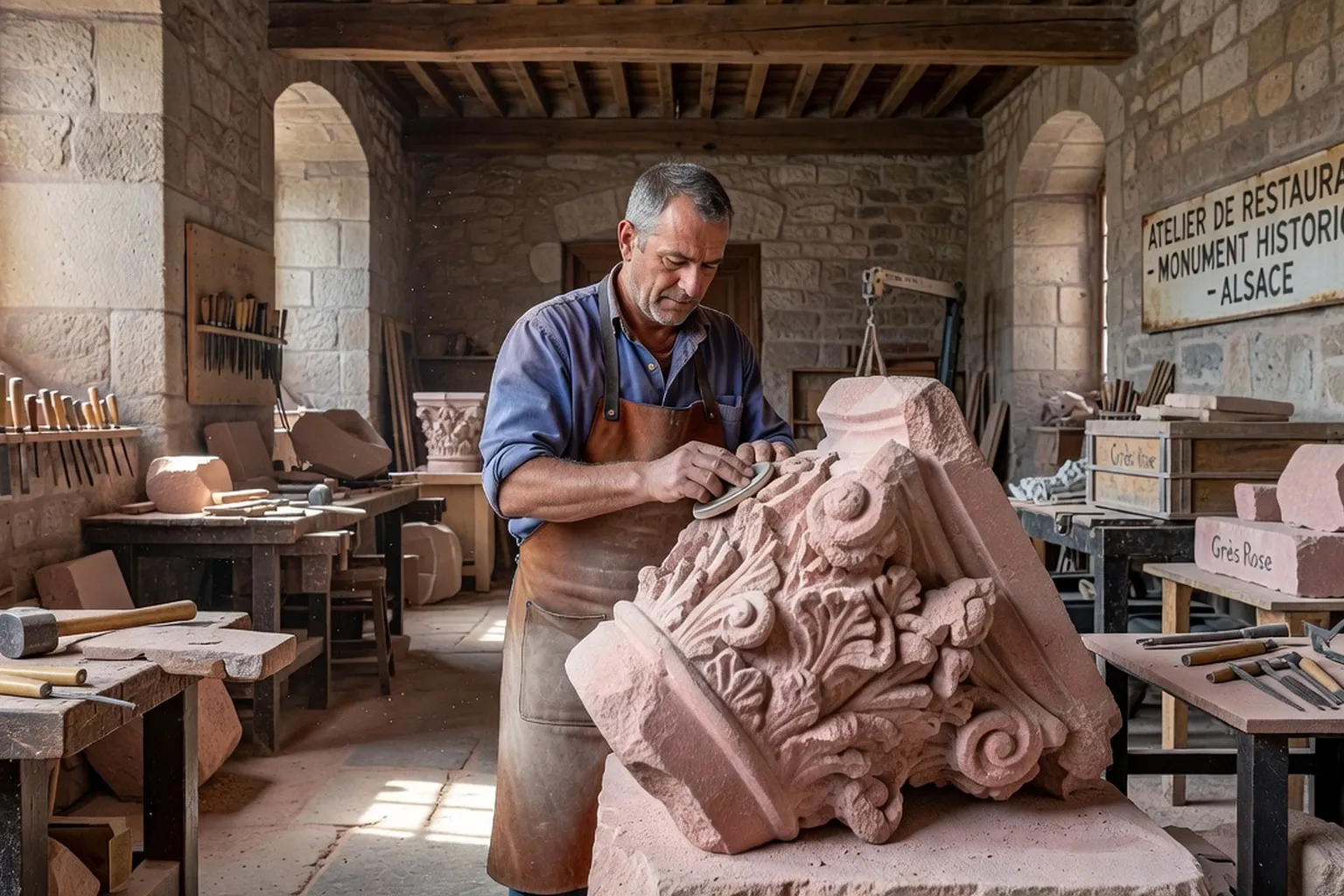 Atelier de conservation d'une sculpture en grès rose