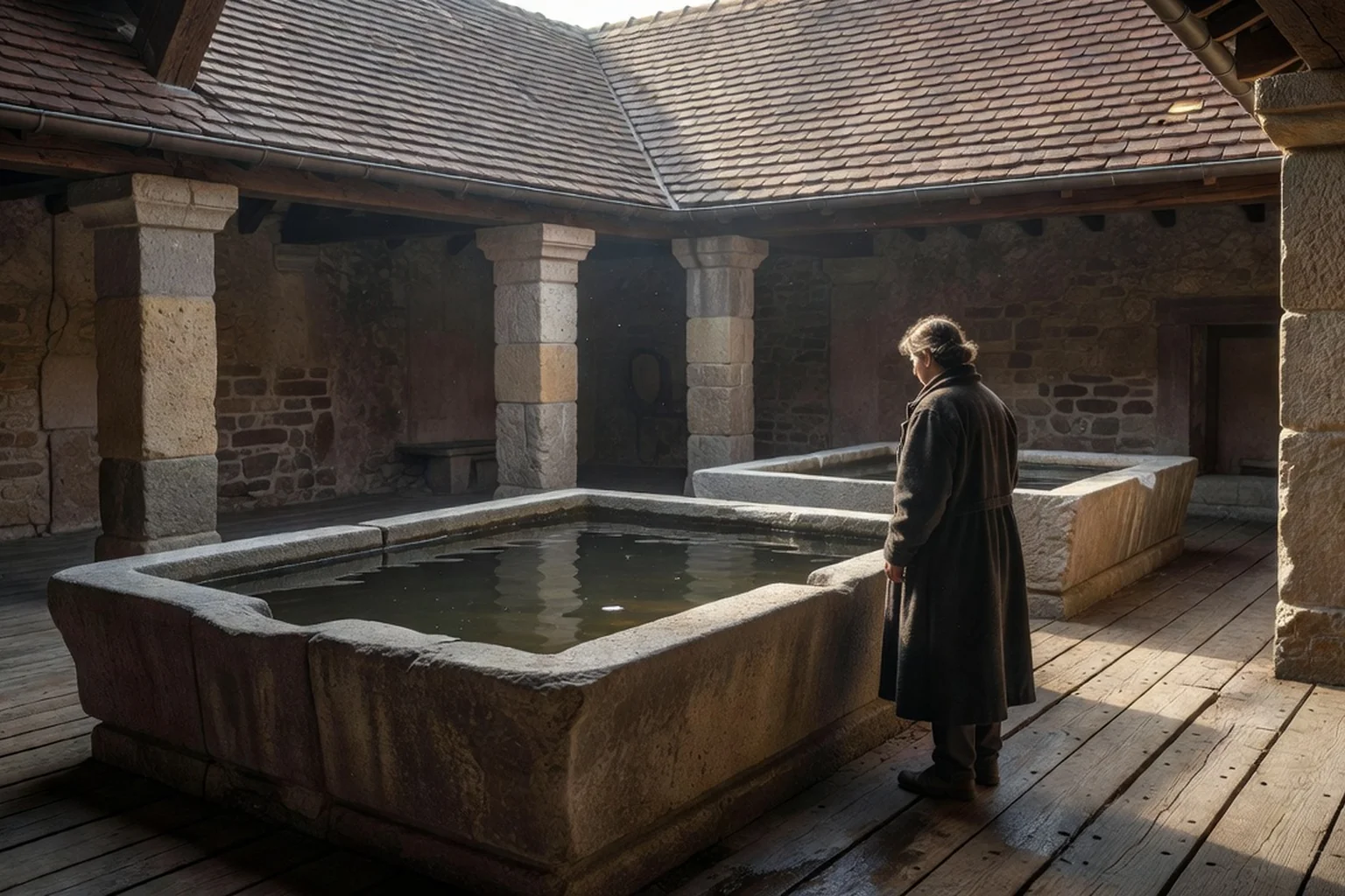 Bassin de lavoir en grès avec plancher de bois et toiture à croupes en tuiles plates alsaciennes