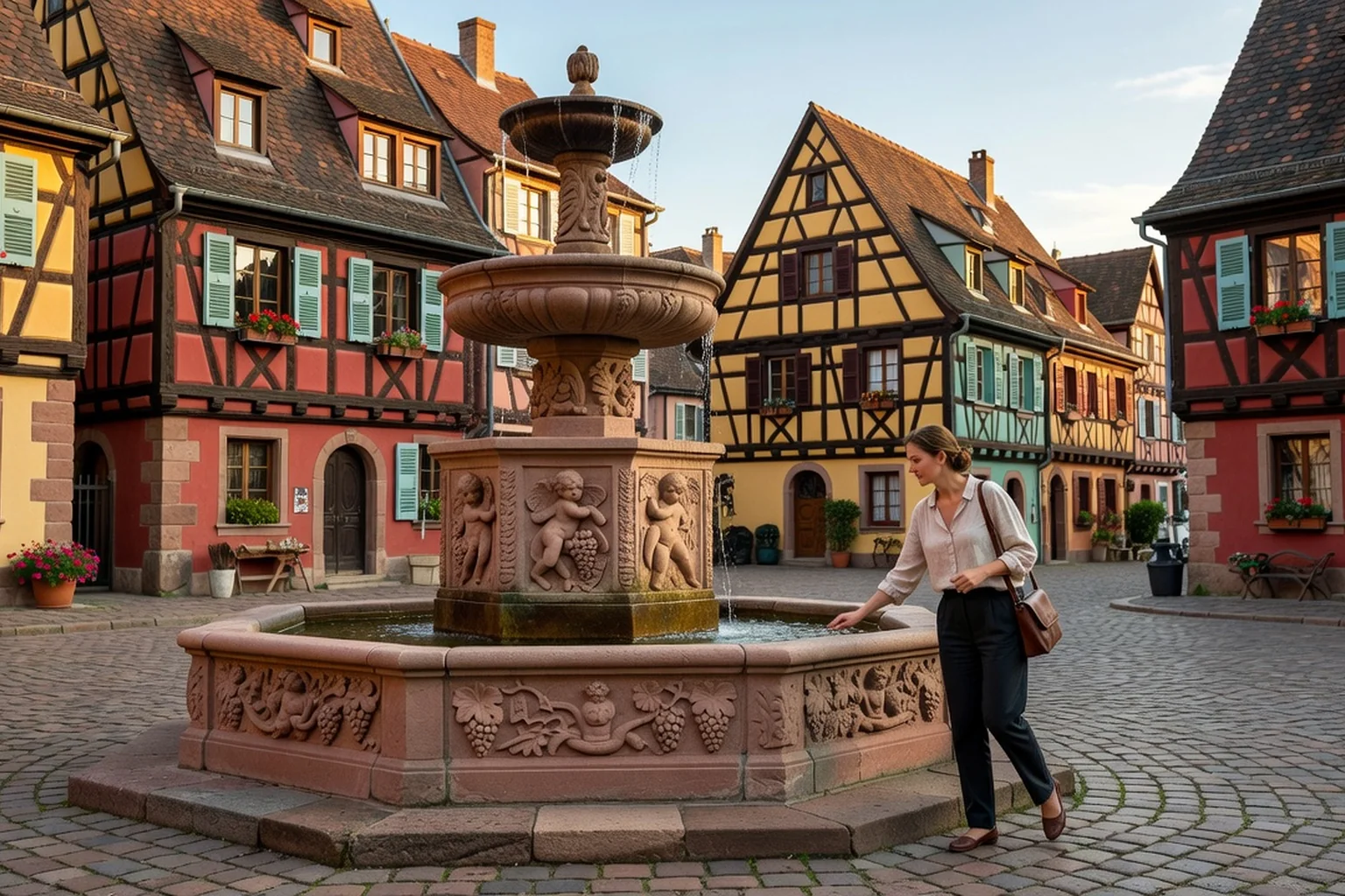 Fontaine octogonale Renaissance au centre d'un village viticole d'Alsace avec visiteuse au premier plan