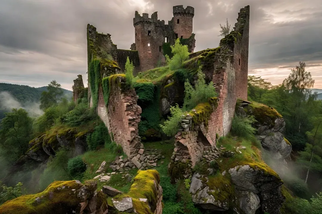 Ruines d'un château fort médiéval en Alsace sur fond de Vosges