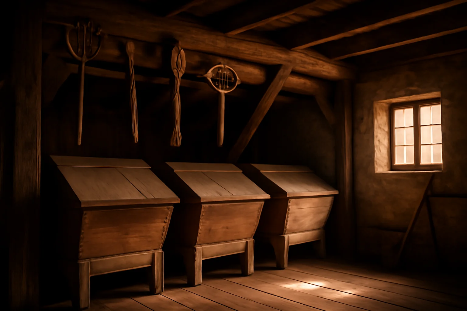 Intérieur d'une grange alsacienne avec bins à grain et outils agricoles anciens