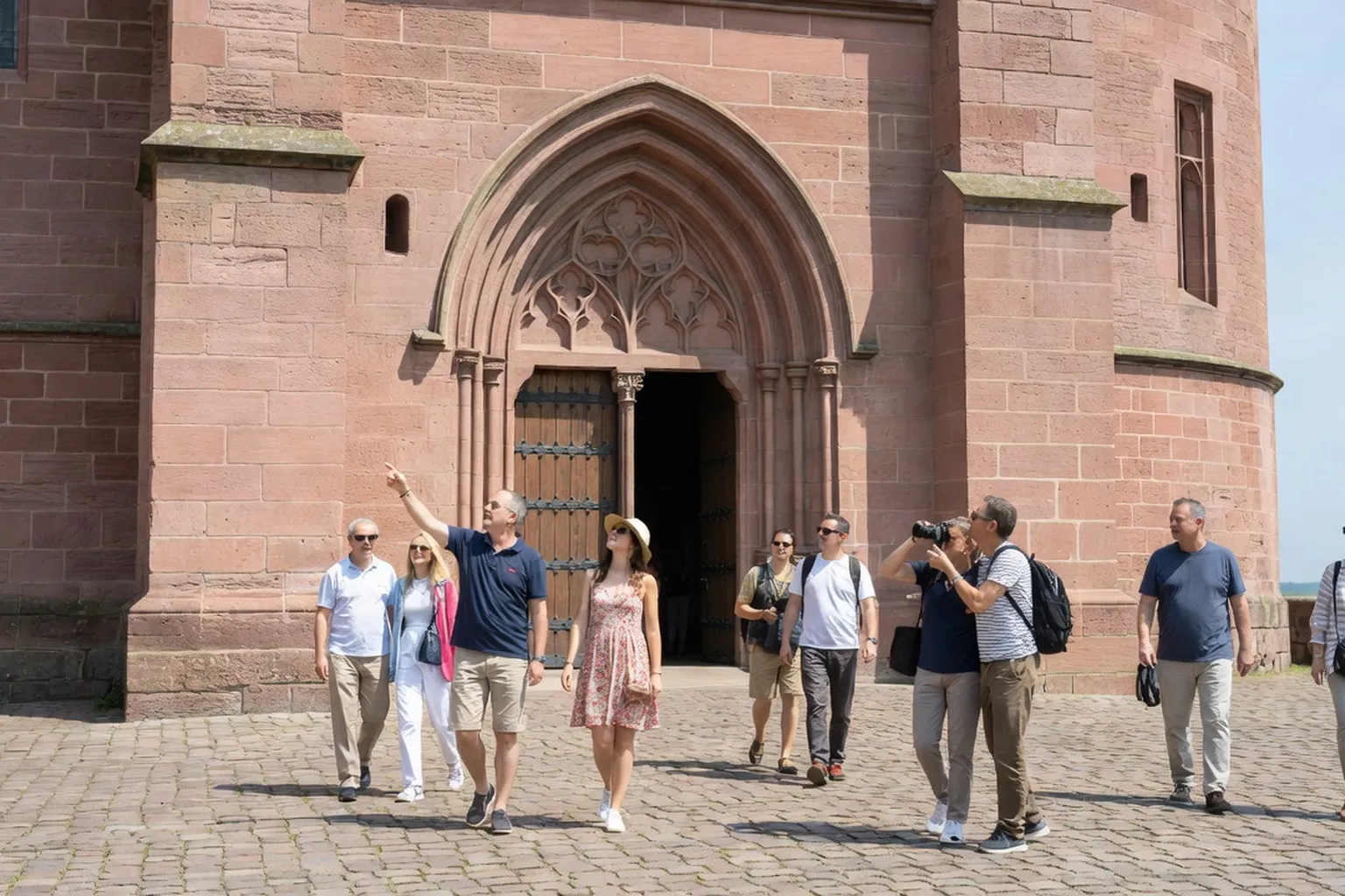 Cour intérieure pavée d'un monument historique alsacien avec colonnade en grès rose