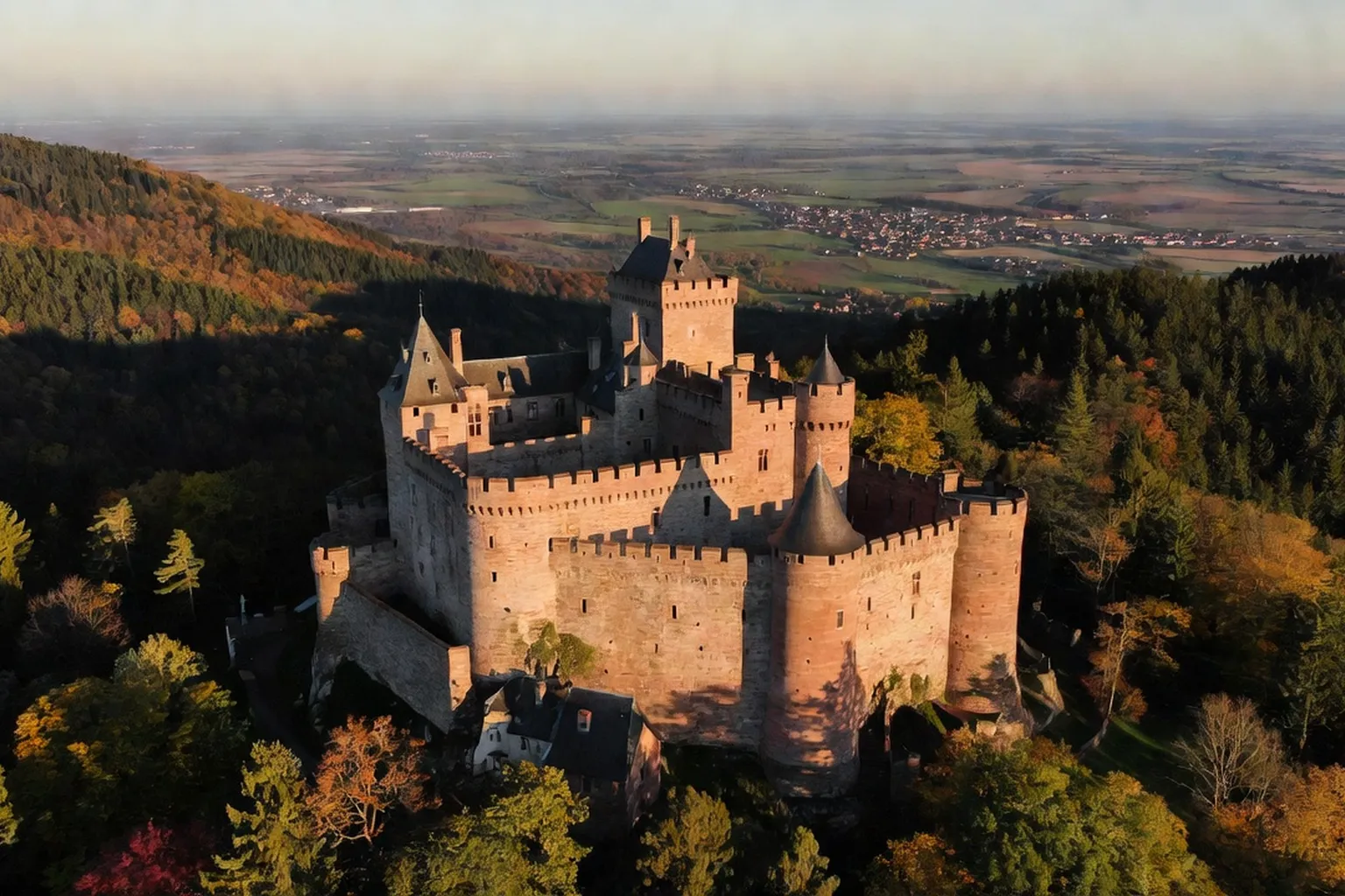 Vue aérienne du château et de la plaine d'Alsace