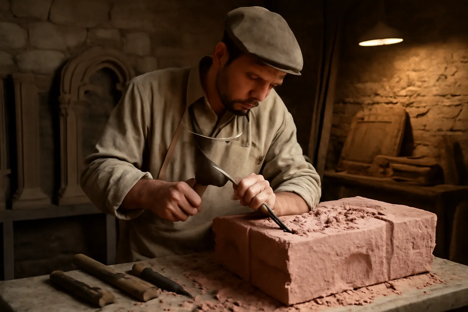L'atelier de taille de pierre de la cathédrale de Strasbourg avec un tailleur de pierre au travail
