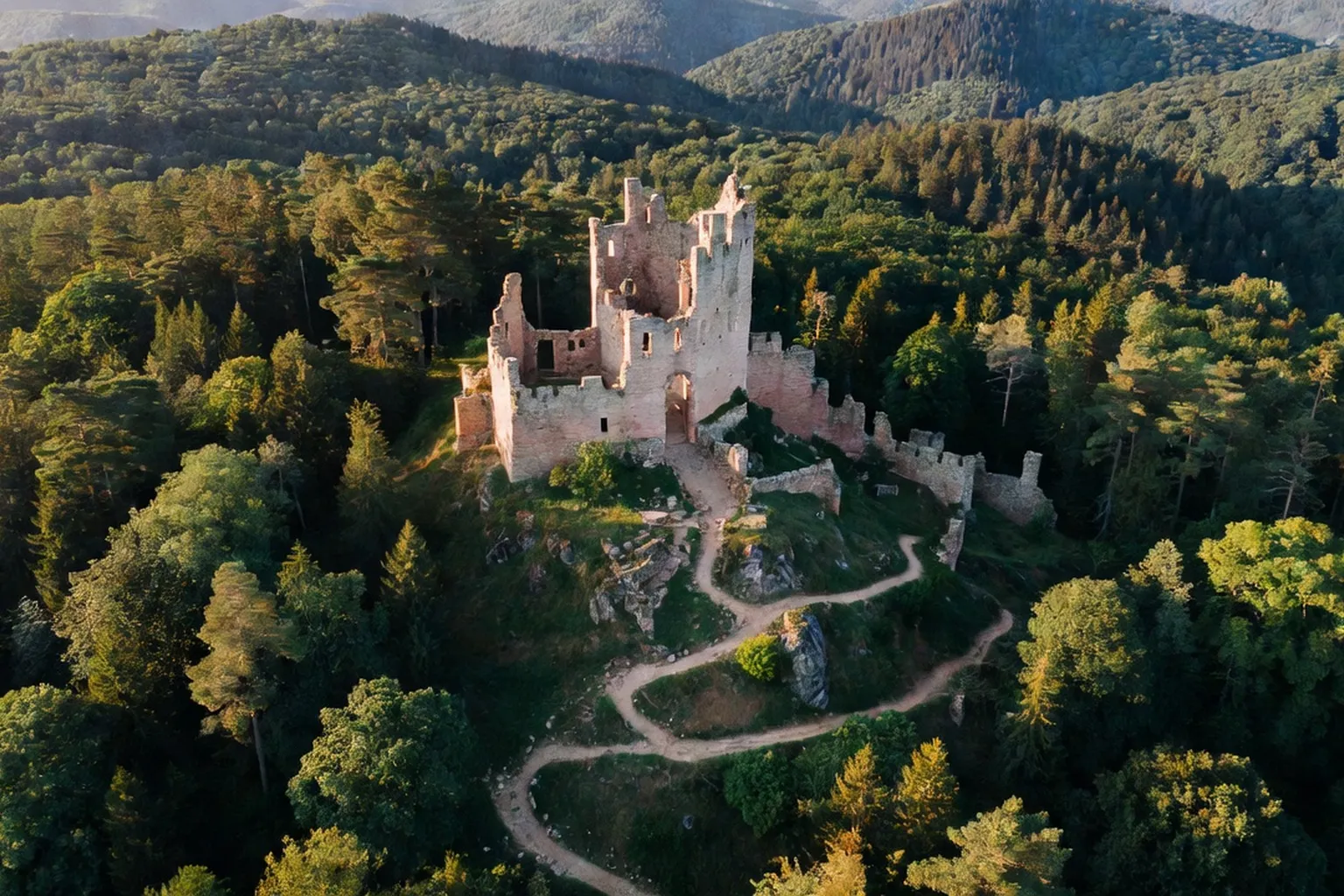 Chantier de restauration d'un château fort avec échafaudage et tailleurs de pierre