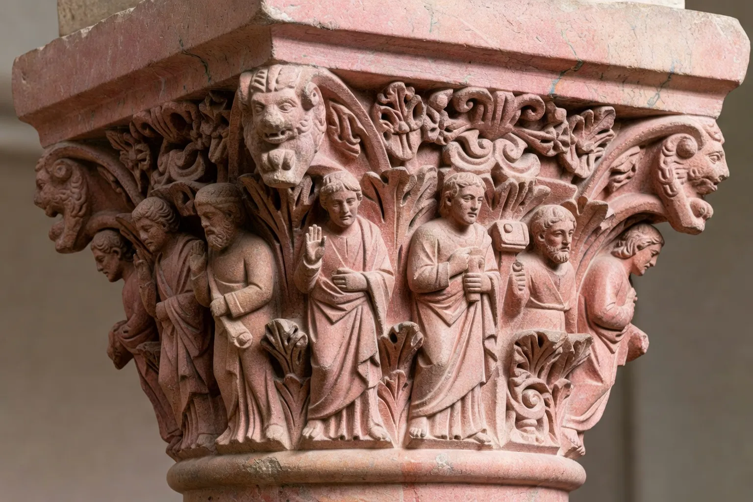 Détail sculpté d'un chapiteau roman le long d'un itinéraire de visite en Alsace