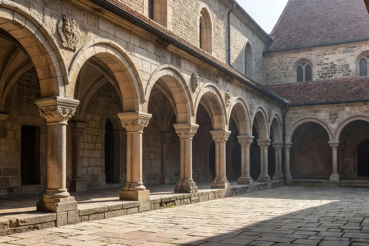 Vue d'ensemble d'une abbatiale romane alsacienne au petit matin, sans visiteurs
