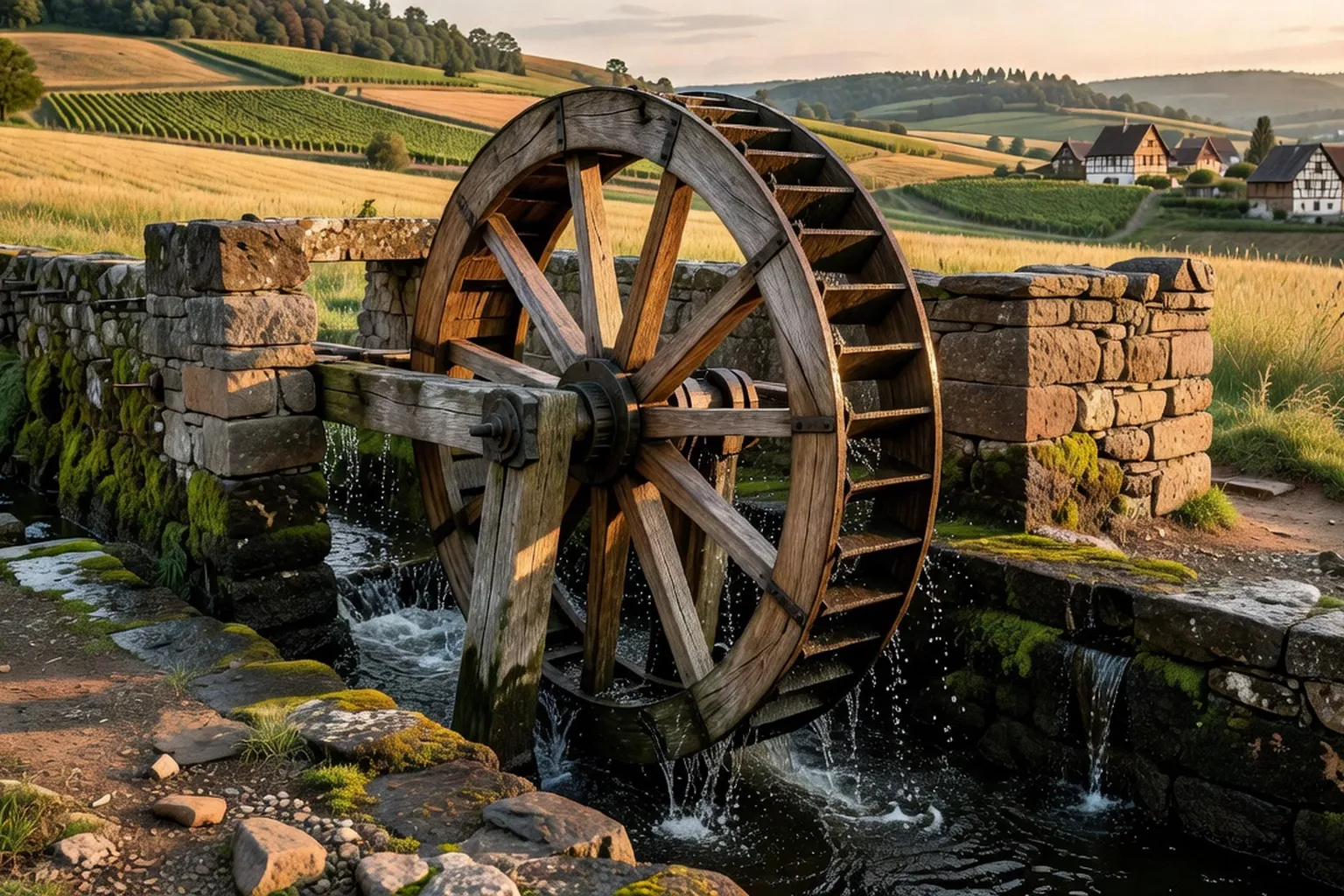 Détail d'une roue à aubes en bois d'un moulin alsacien traditionnel