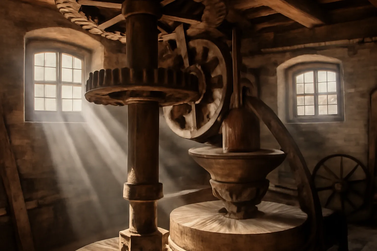 Intérieur d'un moulin ancien avec mécanisme d'engrenages en bois et pierre meulière