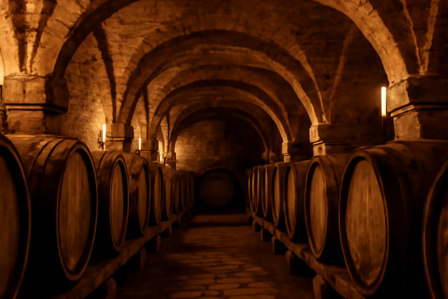 Cave voûtée en pierre historique d'un domaine viticole alsacien, tonneaux de chêne alignés sous une voûte en berceau