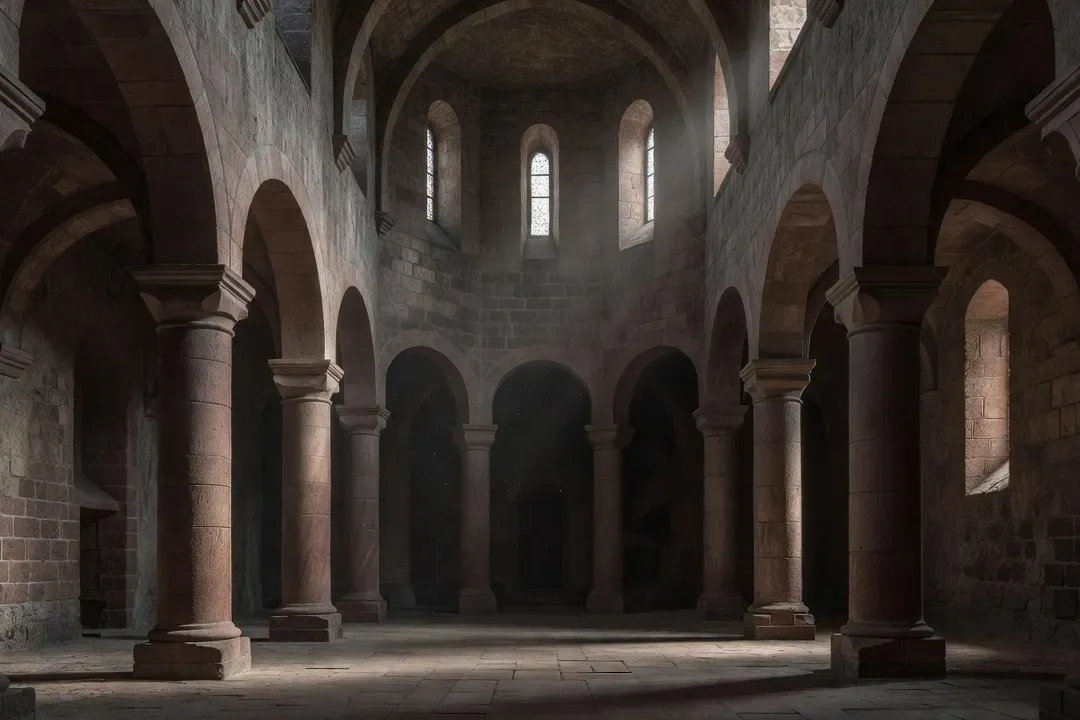 Vue de l'intérieur d'une église romane alsacienne avec ses arcs en plein cintre et ses piliers