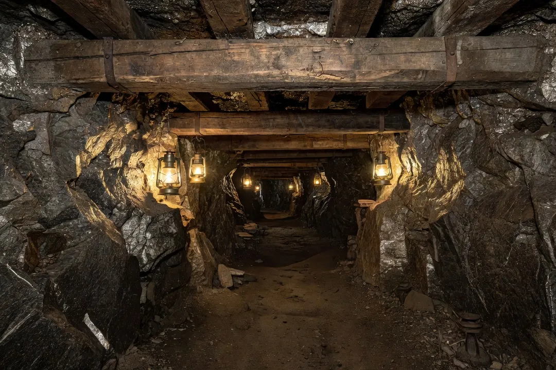 Galerie souterraine éclairée de mine d'argent avec lanternes le long de la roche