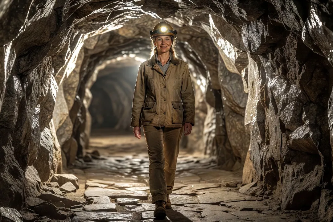 Visiteuse casquée en visite guidée dans une galerie de mine d'argent