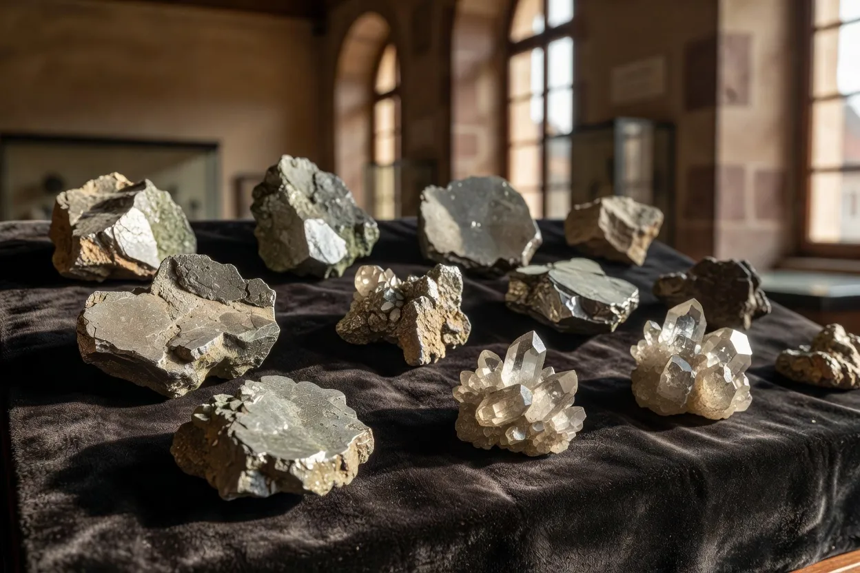 Minerai d'argent et cristaux exposés au musée Tellure de Sainte-Marie-aux-Mines