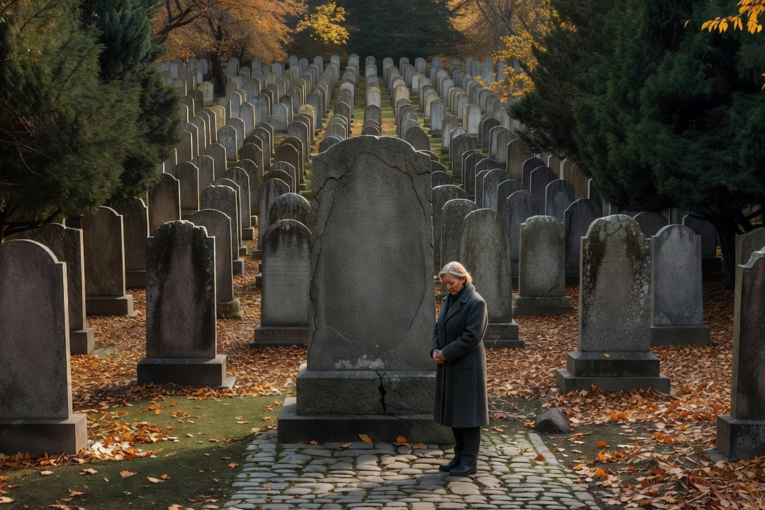 Visiteuse se recueillant devant un monument commémoratif de la nécropole de Strasbourg-Cronenbourg, cimetière israélite voisin en arrière-plan