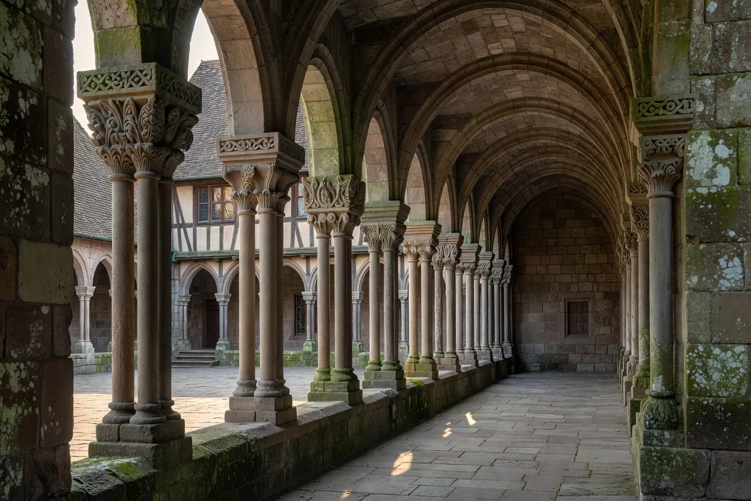 Galerie d'un cloître roman alsacien avec colonnes torsadées et arcades en plein cintre