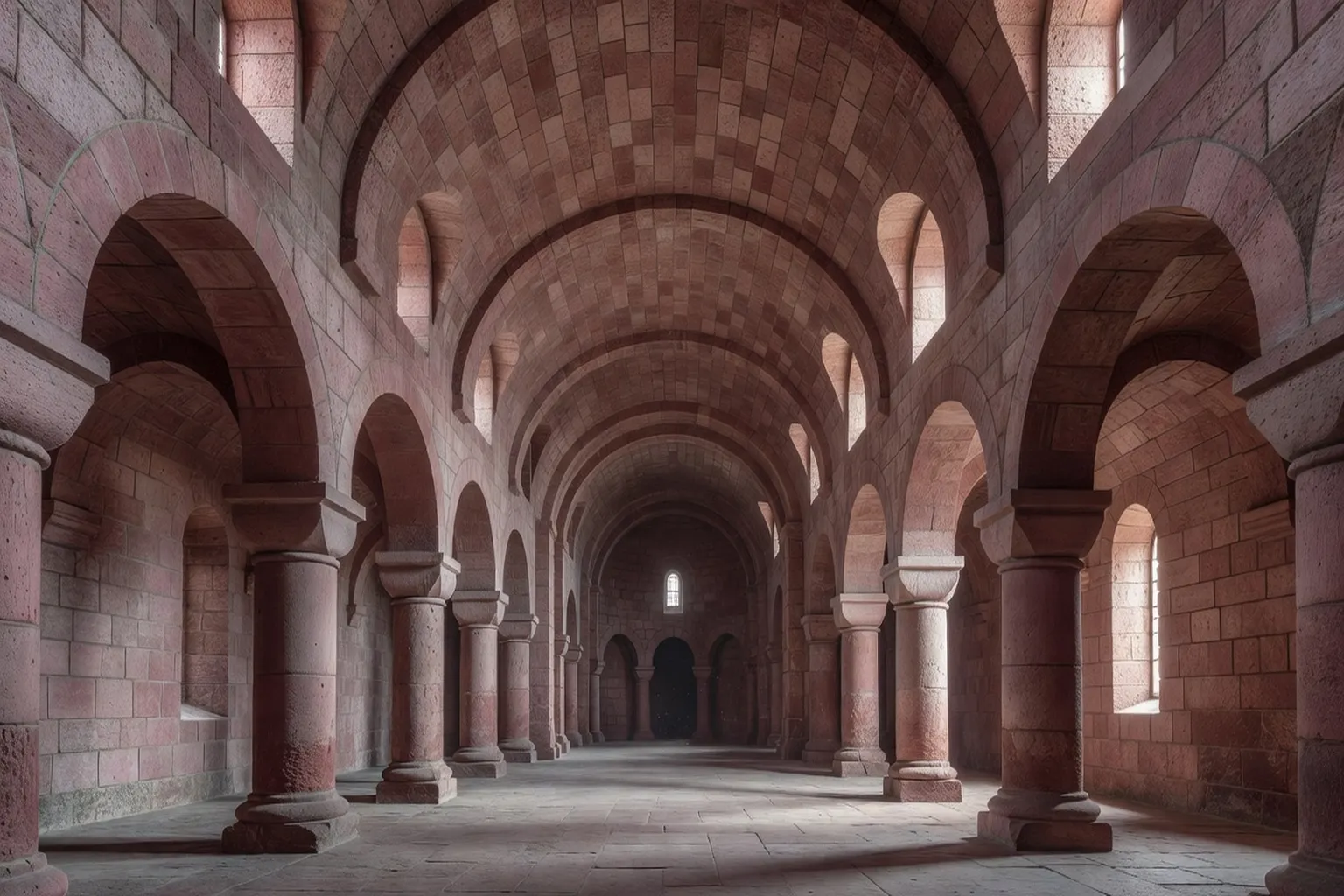 Intérieur d'une église prieurale romane en Alsace, voûtes en berceau et pierre rose