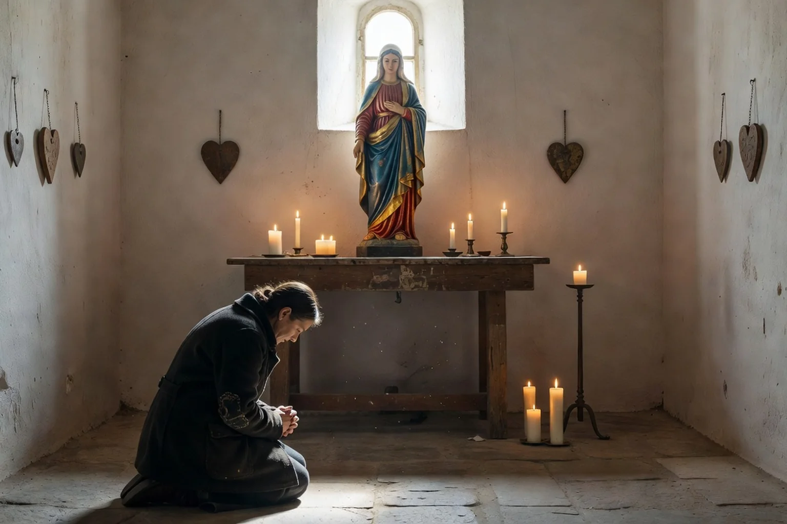 Chapelle de sanctuaire de hauteur dans les Vosges avec statue de la Vierge et pèlerine en prière