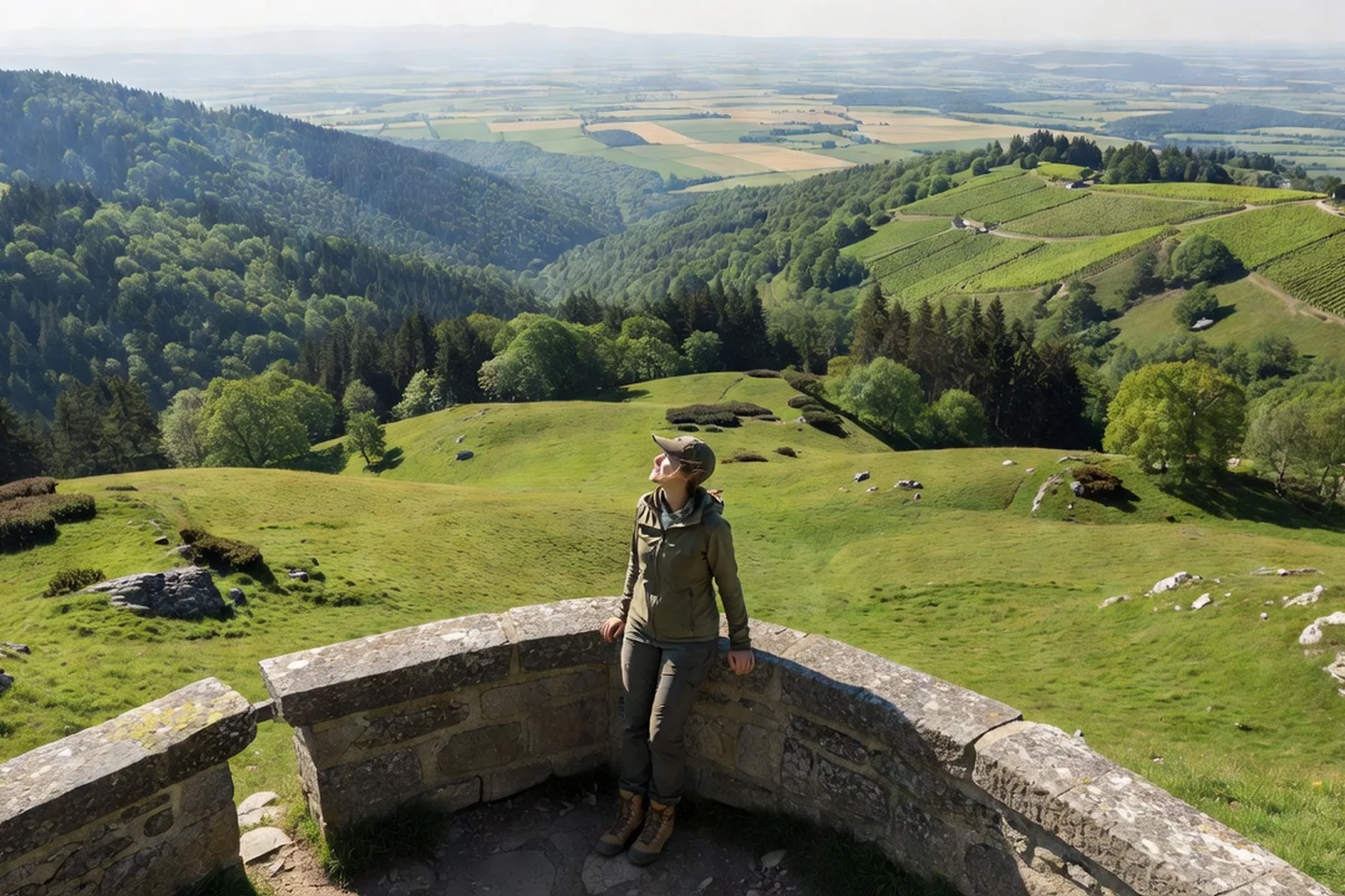 Panorama des Vosges alsaciennes depuis un sanctuaire de hauteur avec randonneuse contemplant la plaine