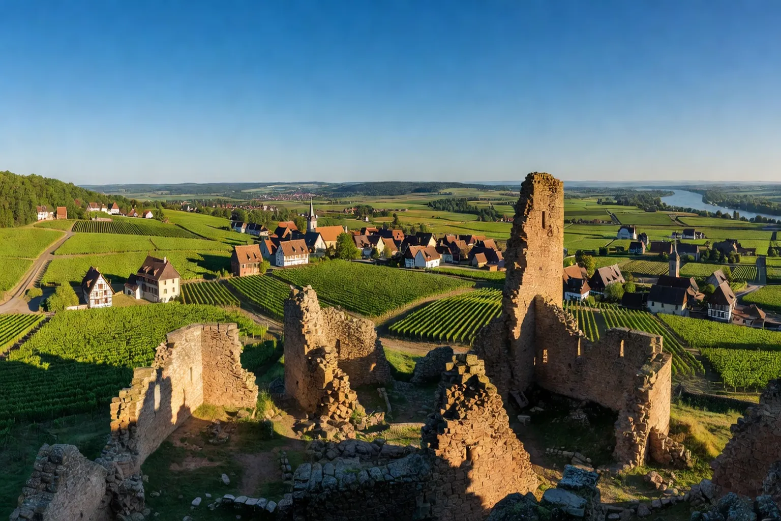 Panorama depuis un château alsacien, vue sur la plaine d'Alsace et le Rhin