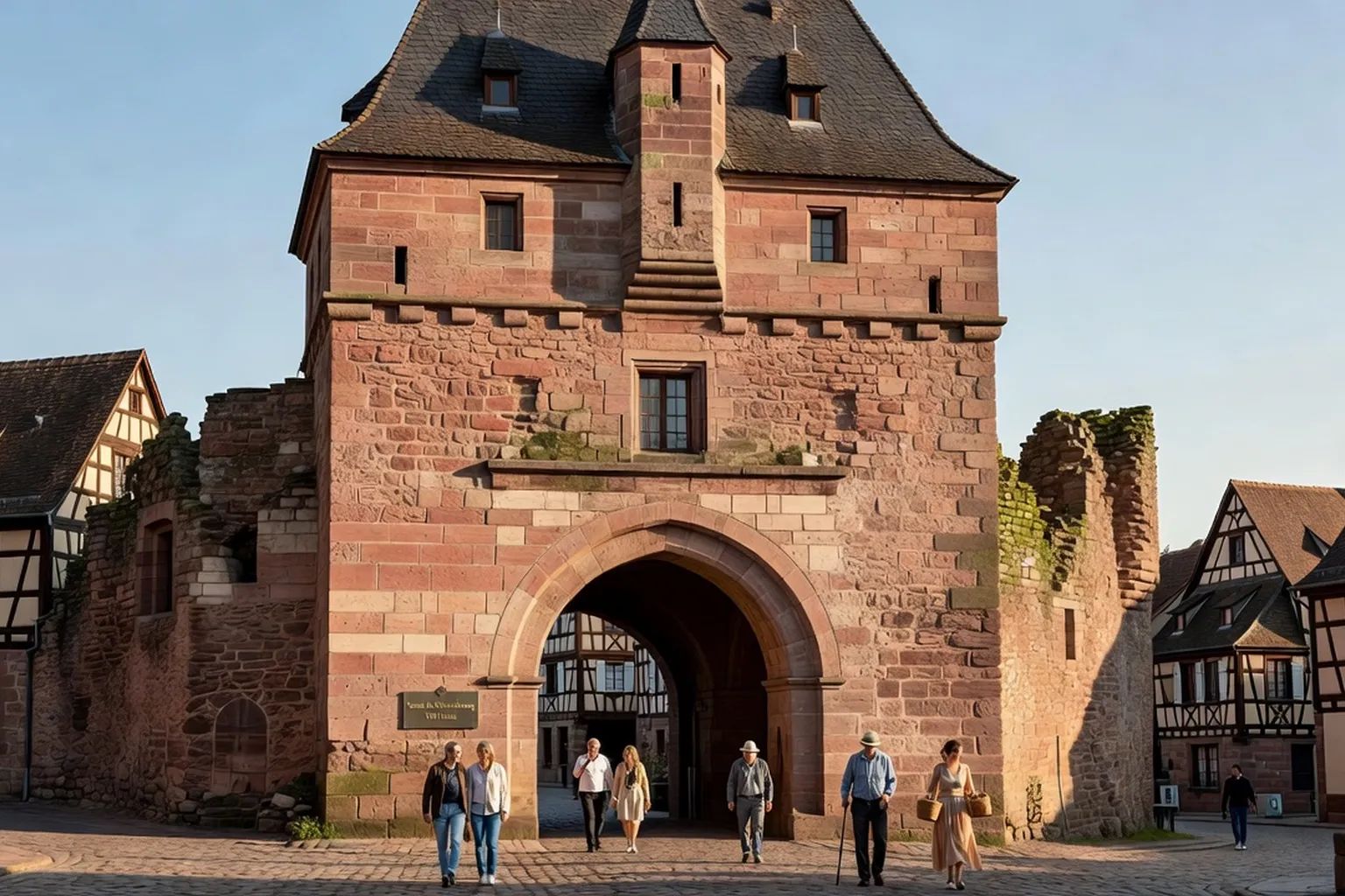 Rempart medieval d'Obernai en gres rose, chemin de ronde et tour de guet dominant les toits a colombages alsaciens
