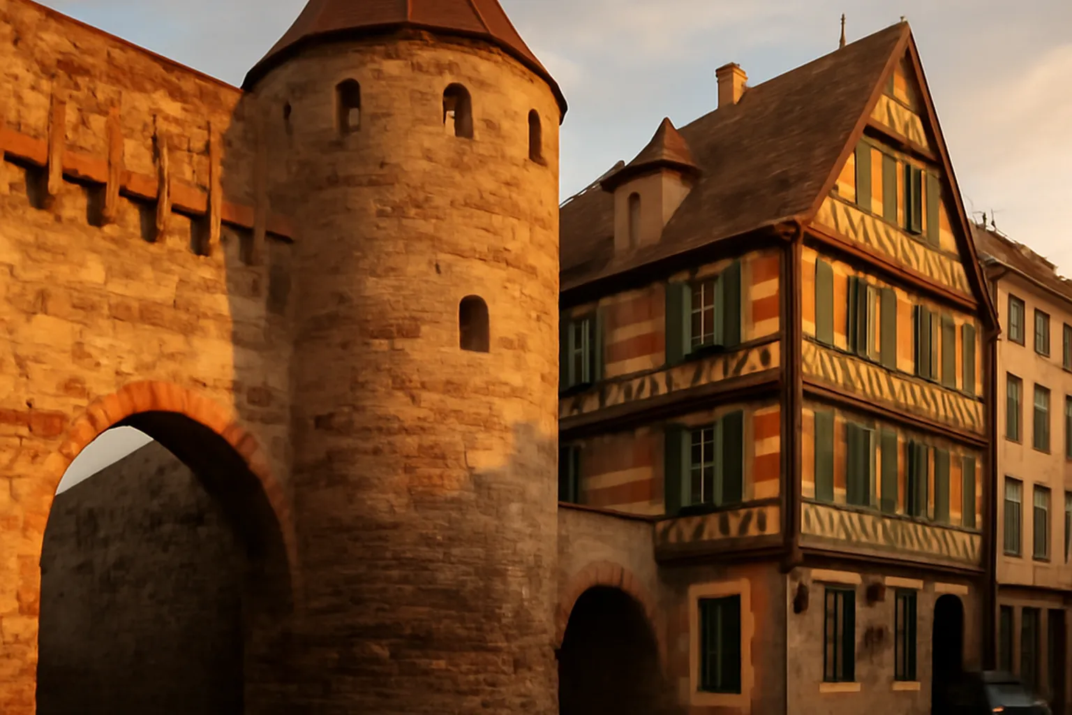 Porte fortifiée médiévale de Wissembourg avec herse en bois et pont-leve, tour d'enceinte en gres attenante