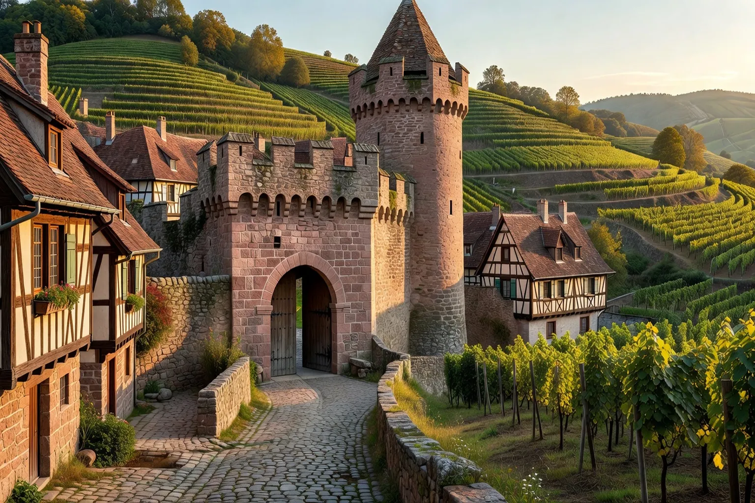 Remparts médiévaux d'un village alsacien avec porte fortifiée en grès rose