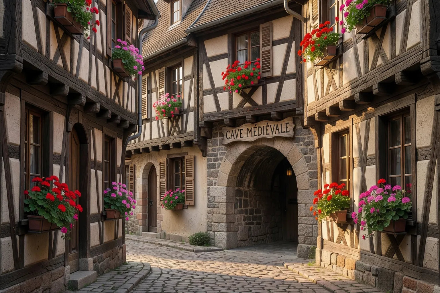 Maisons à colombages et caves voûtées d'un village vigneron alsacien