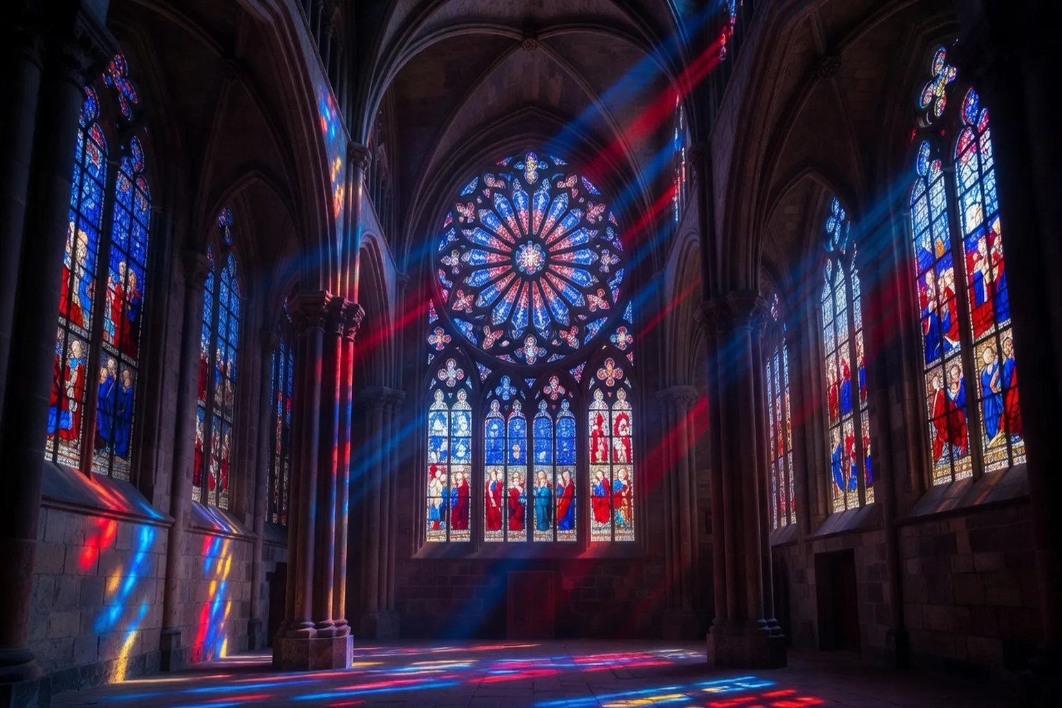 Vitraux médiévaux colorés d'une cathédrale alsacienne dans la lumière