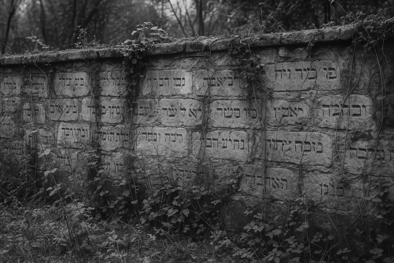 Allée herbeuse bordée de stèles anciennes dans un cimetière juif d'Alsace