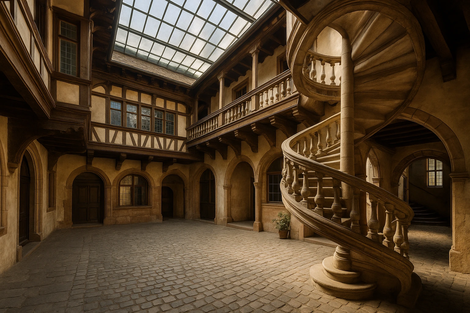 Cour intérieure pavée d'un hôtel particulier strasbourgeois avec escalier à vis et galerie à colombages