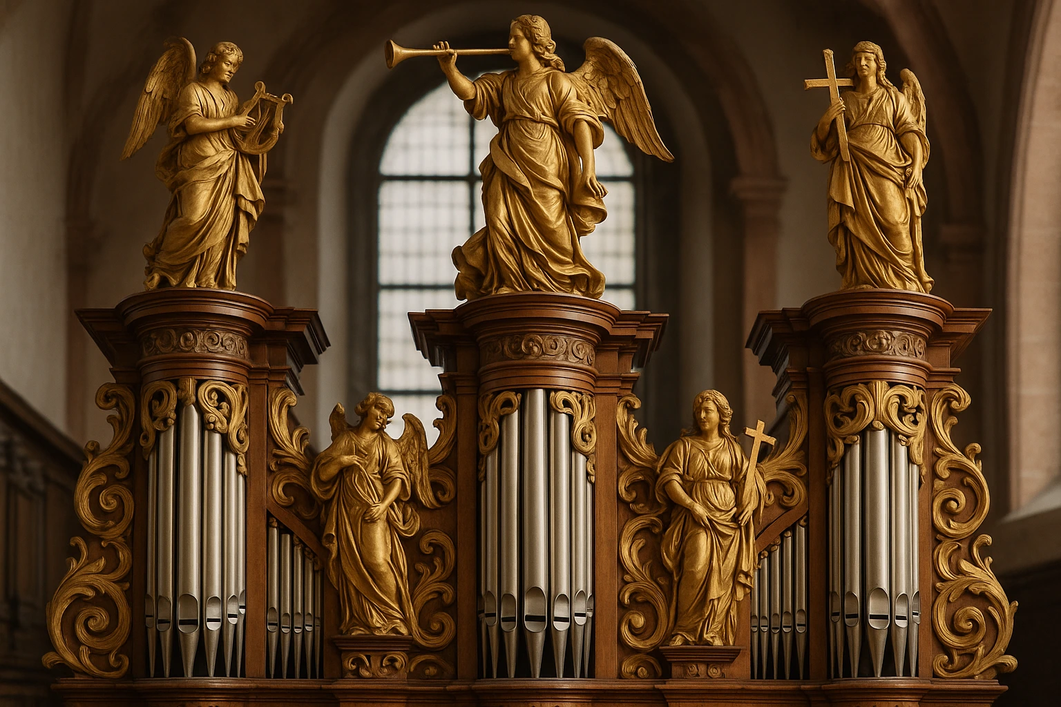 Tribune d'orgue en bois sculpté et doré avec tuyaux disposés en plusieurs rangées dans une nef d'église