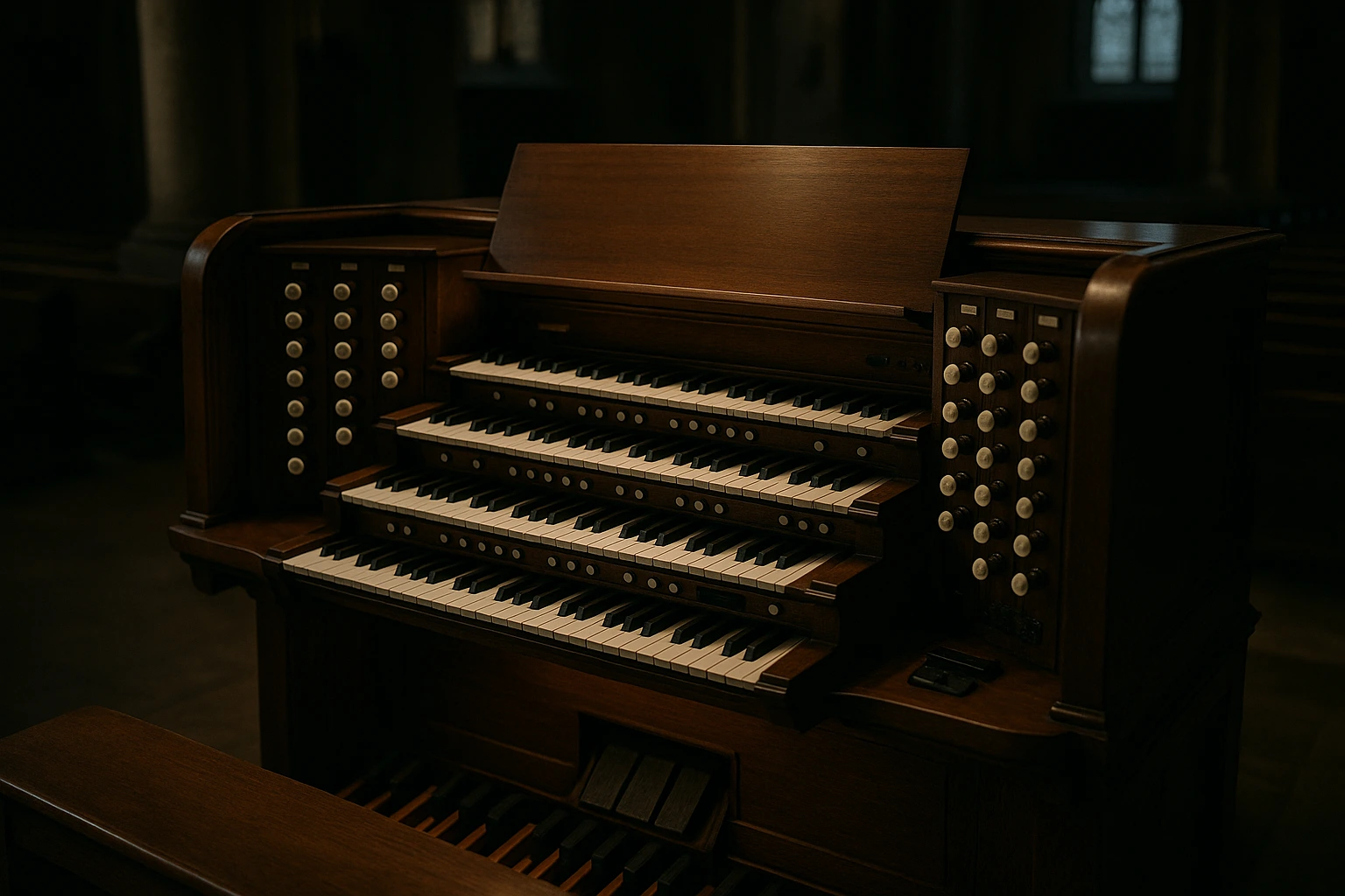 Console d'orgue avec claviers manuels, pédales et registres dans un éclairage de nef
